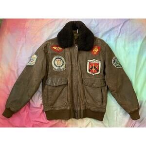 G-1 Vintage Bomber Flight Jacket Leather Shearling Fur Patches Sz M S Top Gun
